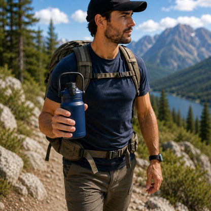 Bouteille isotherme HydraTrek 800 compacte tenue par randonneur en montagne