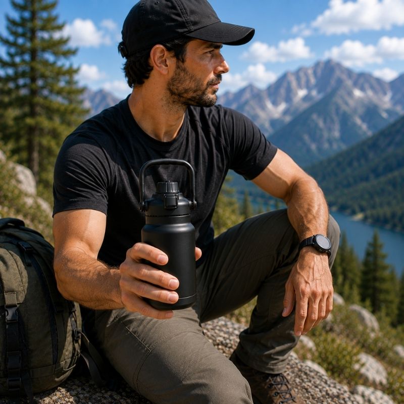 Bouteille isotherme HydraTrek 800 noire tenue par randonneur en montagne