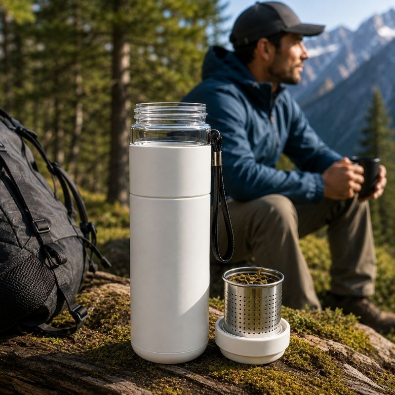 Bouteille isotherme InfusiTrek blanche avec filtre accompagne pause thé randonnée.
