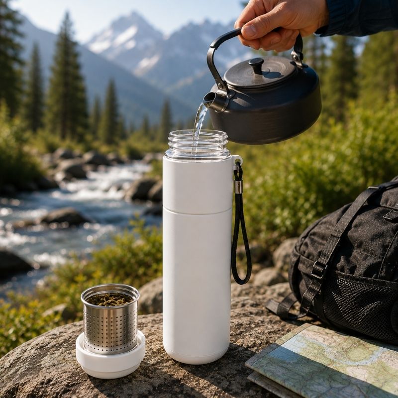 Bouteille isotherme InfusiTrek blanche reçoit eau chaude pour préparer thé.