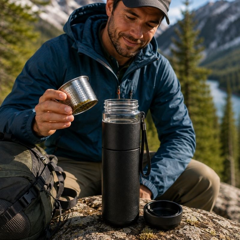 Bouteille isotherme InfusiTrek avec filtre facilite infusion pendant la randonnée.