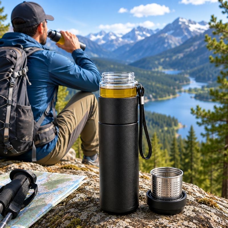 Bouteille isotherme InfusiTrek ouverte avec filtre accompagne pause randonnée montagne.