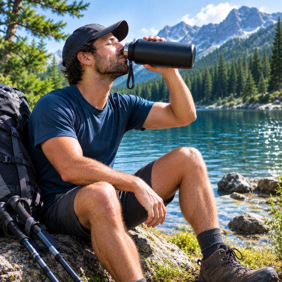 Bouteille isotherme ThermoExpedition randonneur boit près d'un lac.