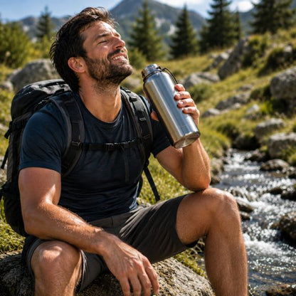 Bouteille isotherme ThermoExpedition rafraîchit un randonneur après l'effort.