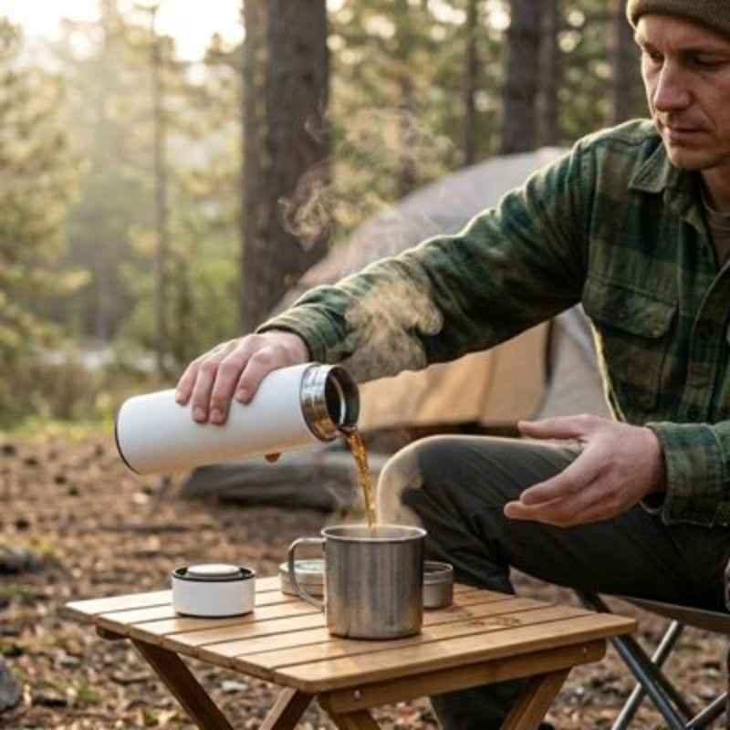bouteille isotherme ThermoTrek verse café chaud au camping matinal