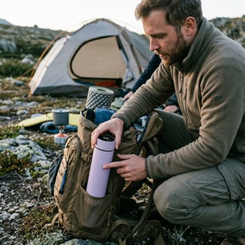 bouteille isotherme ThermoTrek se range facilement dans le sac