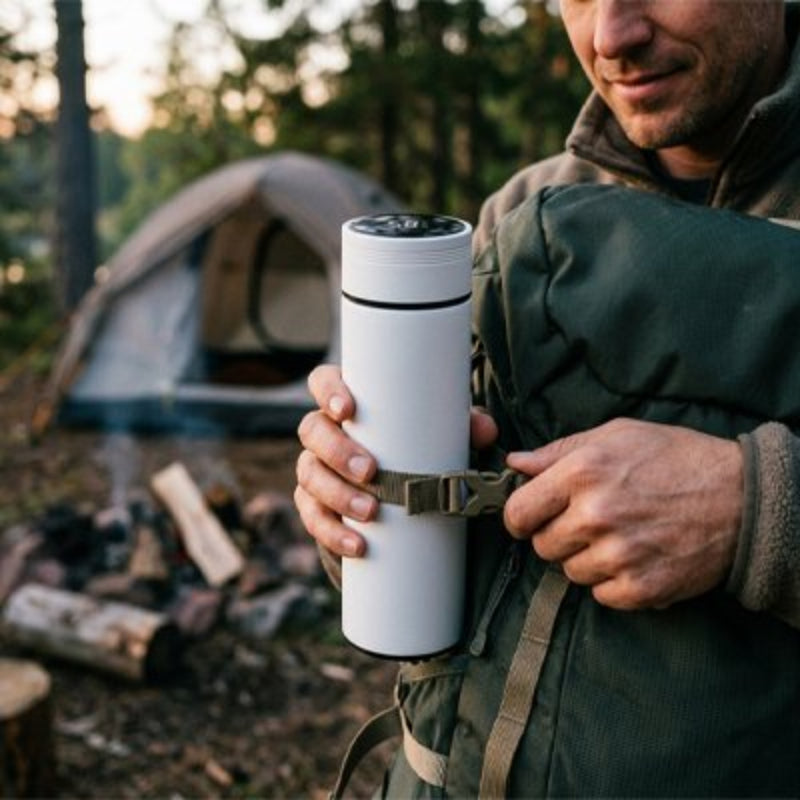 bouteille isotherme ThermoTrek fixée au sac à dos facilement