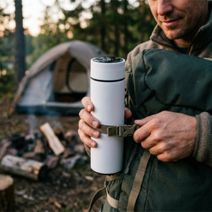 bouteille isotherme ThermoTrek fixée au sac à dos facilement