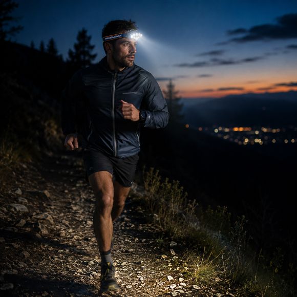 Lampe frontale rechargeable coureur nocturne en sentier
