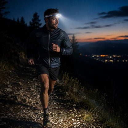 Lampe frontale rechargeable coureur nocturne en sentier