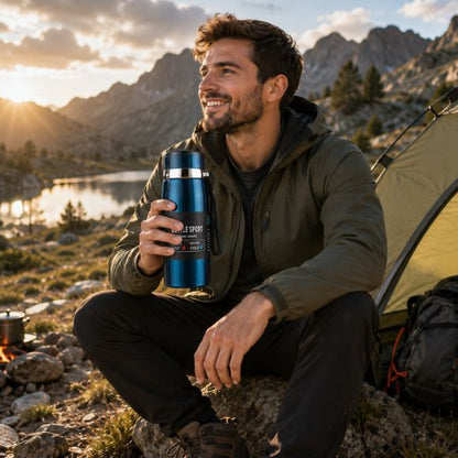 Gourde isotherme ThermoTrail bleue utilisée au bivouac par randonneur souriant.