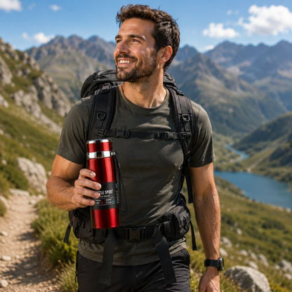 Gourde isotherme ThermoTrail rouge tenue par randonneur dans les Pyrénées.