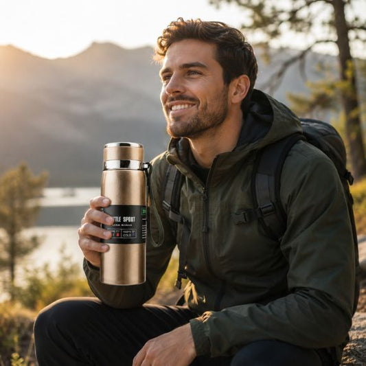 Gourde isotherme ThermoTrail tenue par randonneur souriant devant lac montagne.