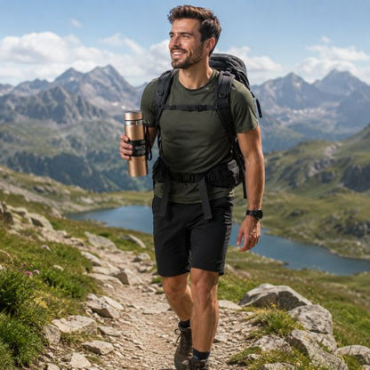 Gourde isotherme ThermoTrail tenue par randonneur dans les Pyrénées ensoleillées.