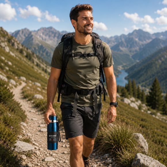 Gourde isotherme ThermoTrail bleue accompagne randonneur marchant sur sentier montagne.