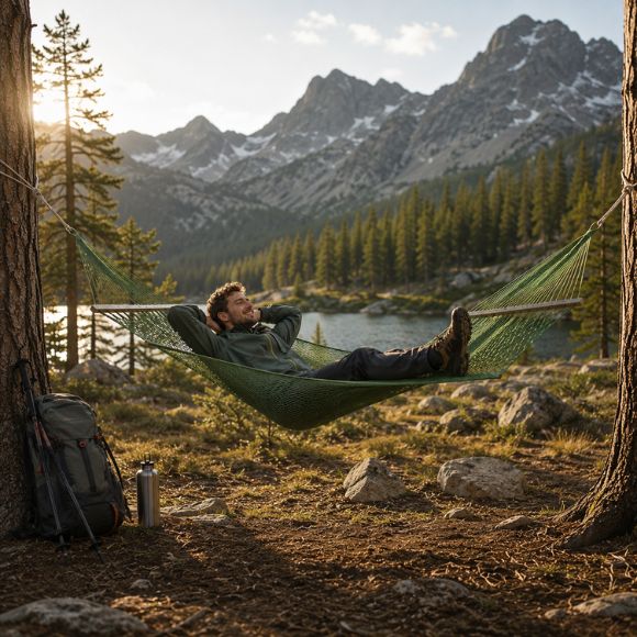 Hamac de camping randonnée en filet vert avec randonneur souriant se détendant entre deux arbres.