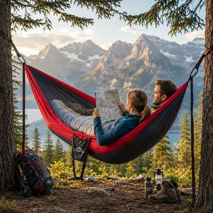 Hamac Double de camping avec couple en tenue de randonnée se détendant face à un lac et des montagnes au coucher du soleil.