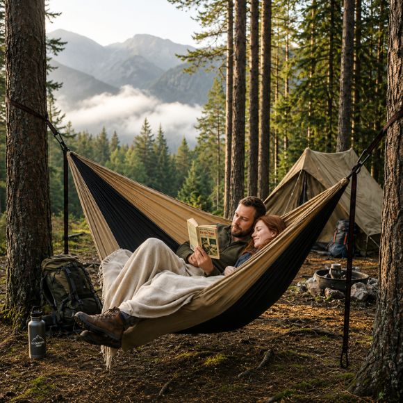 Hamac double de camping Bivouac Étoilé avec couple se reposant.
