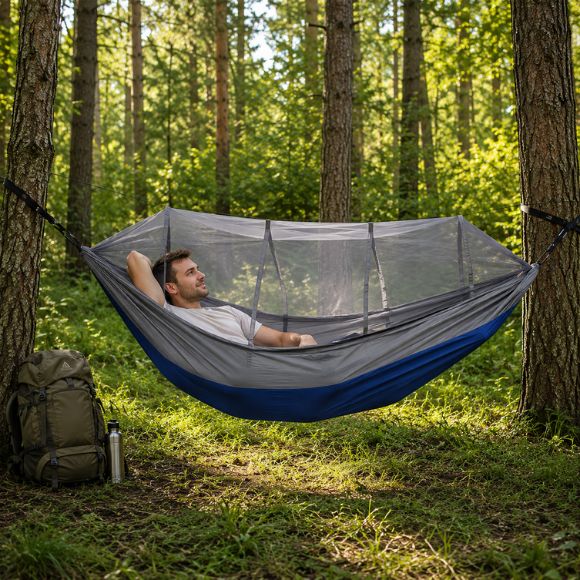 Hamac moustiquaire TrekShield suspendue bleu et gris