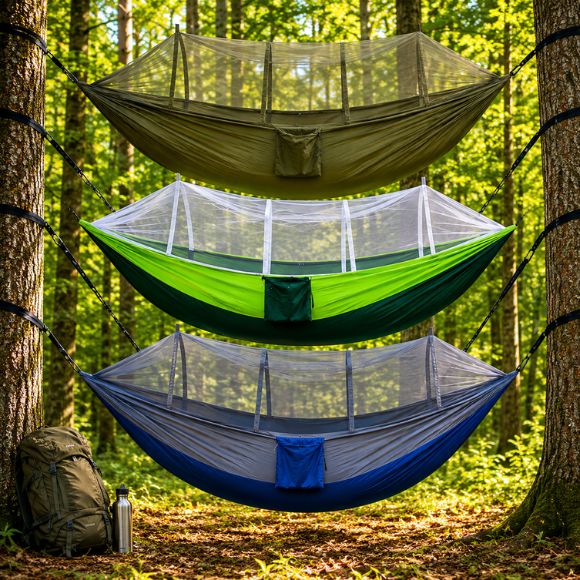 Hamac moustiquaire  suspendue en trois couleurs, superposés dans une forêt pour le camping et le bivouac.