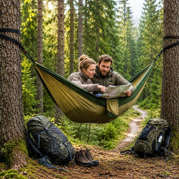 Hamac pour 2 personnes Nid Vagabond avec un couple de randonneurs.