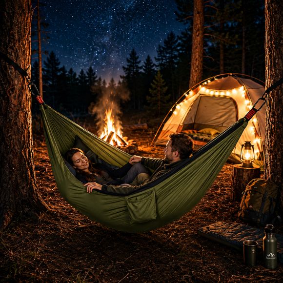 Hamac pour 2 personnes installé près d'une tente éclairée et d'un feu de camp avec un couple se détendant en forêt de nuit.