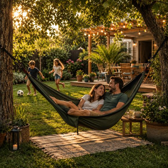 Hamac pour 2 personnes installé dans une cour arrière aménagée en mode vacances avec un couple se détendant dans le hamac pendant que les enfants jouent sur la pelouse au coucher du soleil