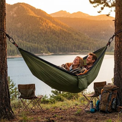 Hamac pour 2 personnes suspendu entre deux arbres avec un couple profitant d'un coucher de soleil au bord d'un lac en montagne.