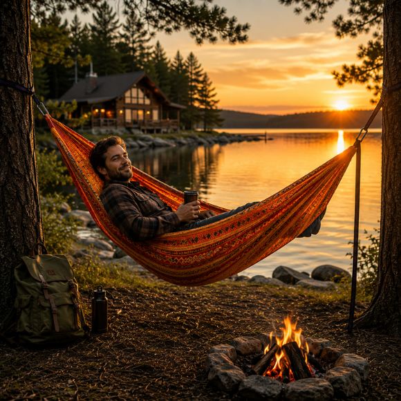 Hamac suspendu Cocon d'Évasion avec homme se relaxant.
