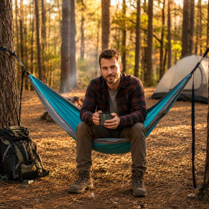 Hamac suspendu de camping Évasion Totale avec randonneur assis les pieds au sol.