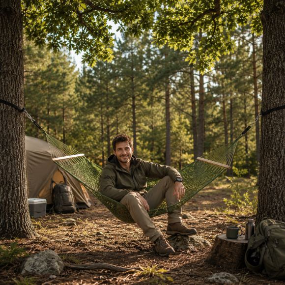 hamac suspendu Thomas se détend dans un hamac de camping en filet vert installé entre deux chênes, dans une ambiance chaleureuse et naturelle