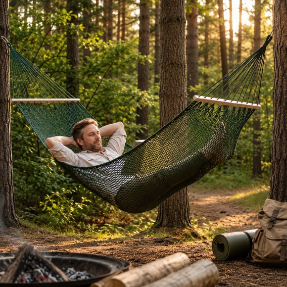 Hamac suspendu de camping en filet vert installé entre deux arbres dans une forêt avec équipement de randonnée et feu de camp à proximité