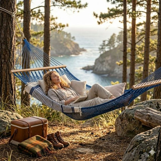 Hamac suspendu Horizon Suspendu Femme se relaxant.