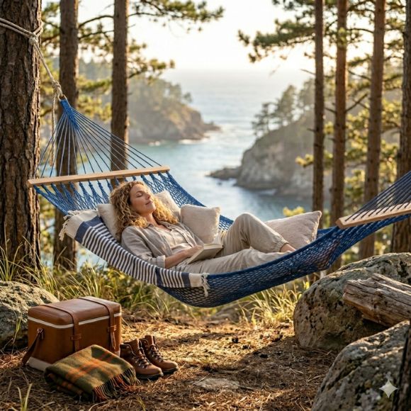 Femme avec cheveux bouclés se relaxant dans un hamac en filet bleu suspendu entre deux arbres, lisant un livre avec une vue imprenable sur la mer et les falaises