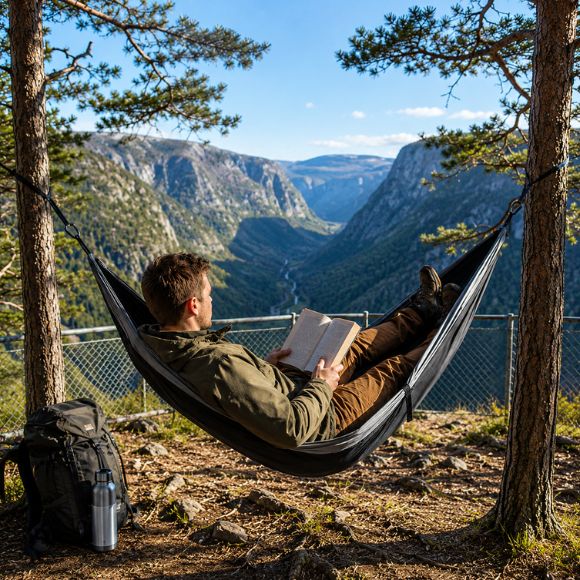 Hamac suspendue de camping Évasion Totale avec un randonneur lisant un livre.