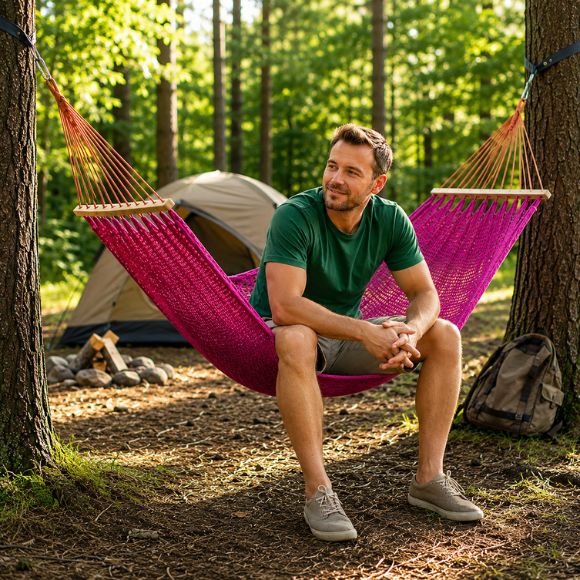 Hamac suspendue de camping Pause Nomade en filet rose