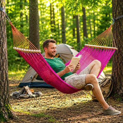 Hamac suspendue de camping Pause Nomade en filet rose