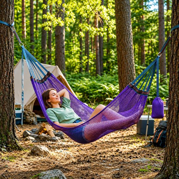 Hamac suspendue de camping Pause Nomade en filet violet