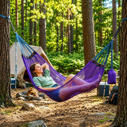 Hamac suspendue de camping Pause Nomade en filet violet