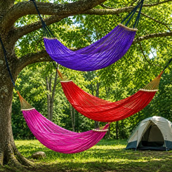 Hamac suspendue de camping en filet disponible en violet, rouge et rose, suspendu sous un arbre à côté d'une tente de camping.