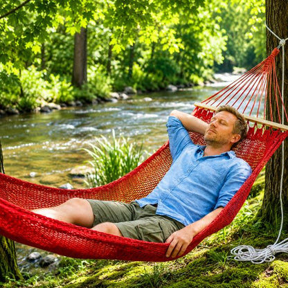 Hamac suspendue de camping en filet rouge avec homme profitant d'un moment de repos au bord d'une rivière en pleine nature.