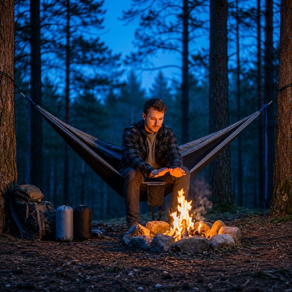 Hamac suspendue de camping avec randonneur profitant de la chaleur d'un feu de camp dans une forêt à la tombée de la nuit.