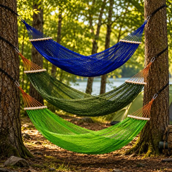 Hamac suspendu de camping en filet bleu et verts installés entre deux arbres dans un campement en forêt avec un lac et une tente en arrière-plan.
