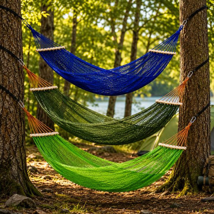 Hamac suspendu de camping en filet bleu et verts installés entre deux arbres dans un campement en forêt avec un lac et une tente en arrière-plan.