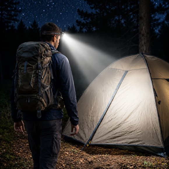 Lampe frontale Éclaireur éclaire tente pendant installation nocturne en forêt paisiblement