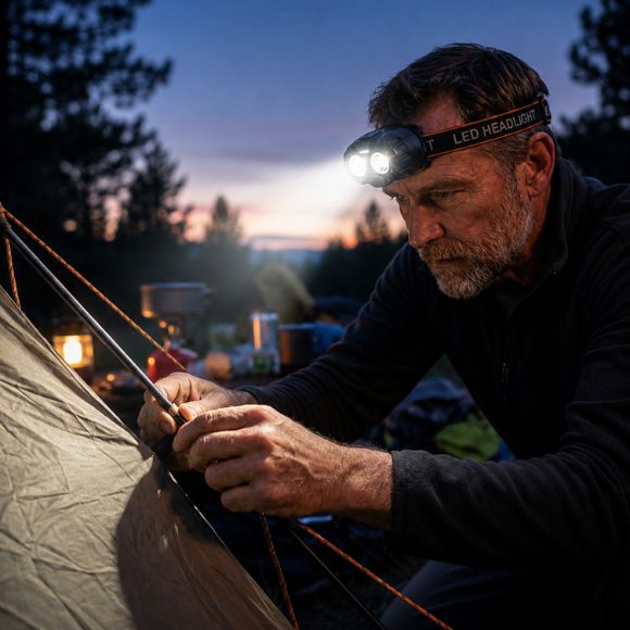 Lampe frontale Éclaireur facilite montage tente au crépuscule rapidement efficacement toujours