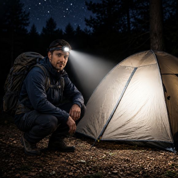 Lampe frontale Éclaireur illumine bivouac nocturne près tente confortablement dehors longtemps