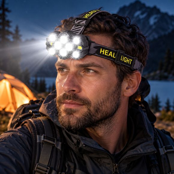 Lampe frontale AuroLux portée par homme en randonnée nocturne montagne.