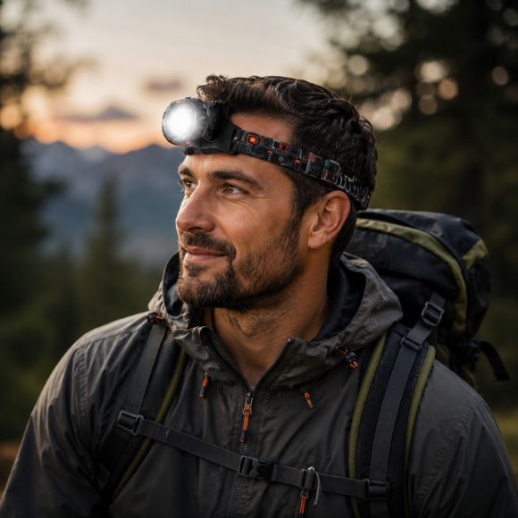 Lampe frontale HorizonX éclaire randonneur confiant au crépuscule montagne sauvage