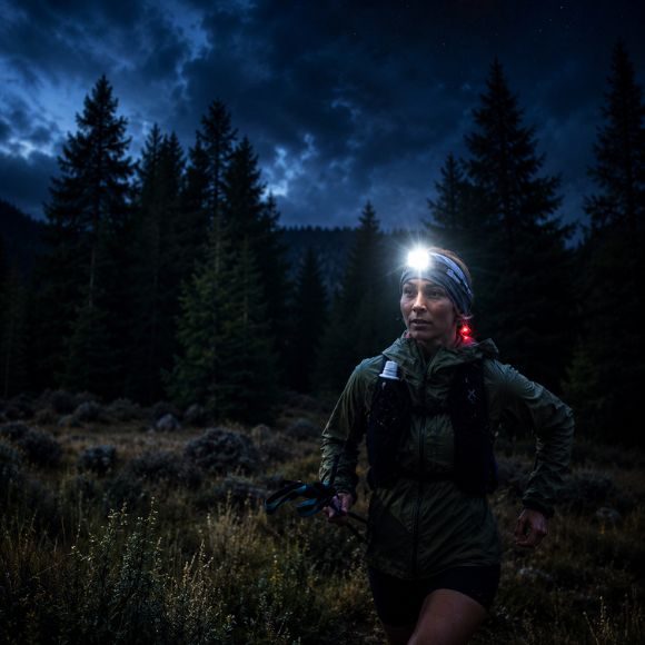Lampe frontale puissante HorizonX pour randonnée nocturne en forêt